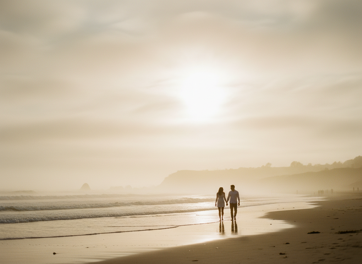 Elegant editorial photograph of a couple silhouetted at golden hour walking along a misty coastline, soft warm golden light, cream and neutral tones, romantic cinematic fine-art travel photography, negative space in the sky