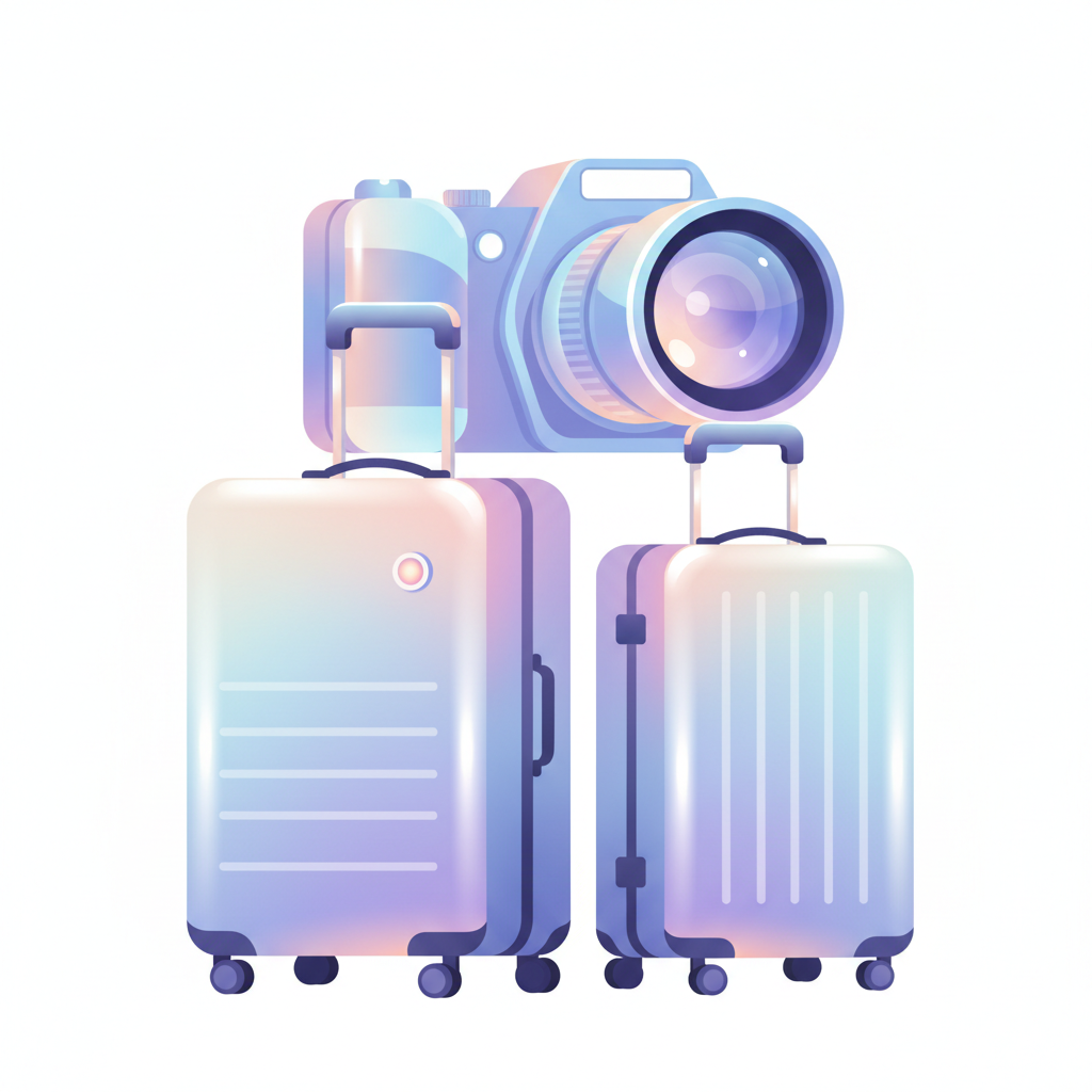 Futuristic illustration, no outlines, no borders, no contour lines. Two sleek modern travel suitcases and a camera. Pure flat design with soft gradient shapes, glassmorphism style, holographic subtle colors on white background. Ultra-modern, sci-fi inspired, clean and ethereal. No black outlines whatsoever, shapes defined only by color and light. Minimalist and sophisticated.